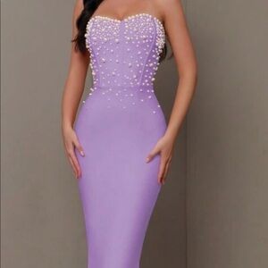 Purple maxi bodycon dress with pearl embellishment